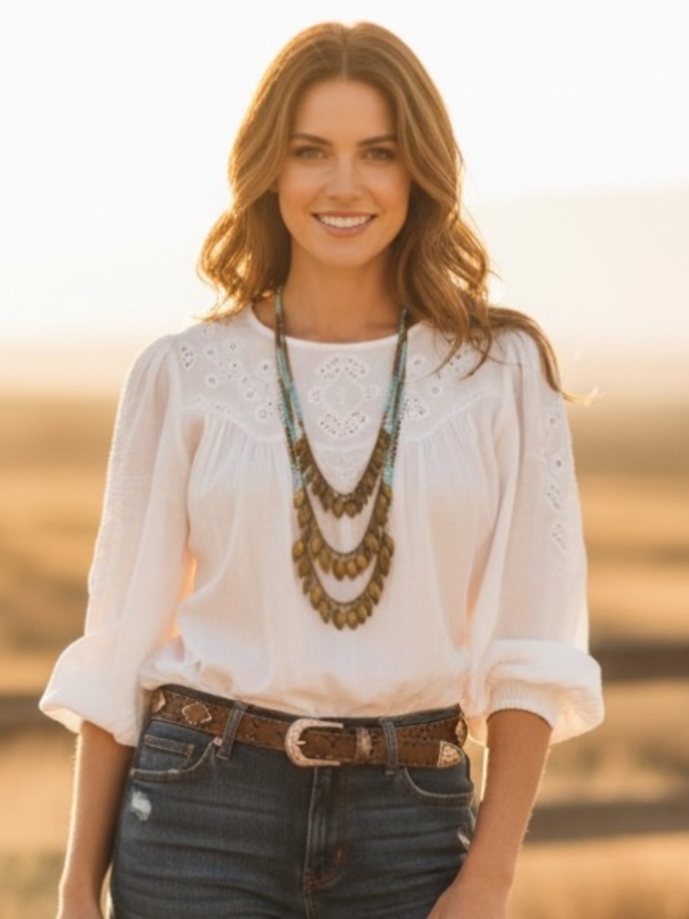 Multi-strand Beaded Necklace with Turquoise and Antique Gold Leaf-shaped Beads